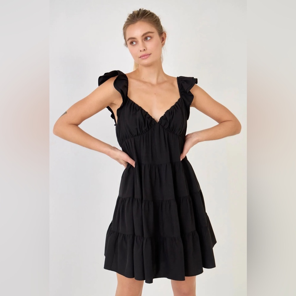 NWT Endless Rose Ruffled Sweetheart Flounced Mini Dress in Black, Size L